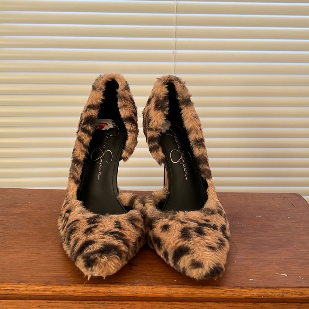 Jessica Simpson Prizma Fur Leopard Pointed Toe Half d'Orsay Pumps